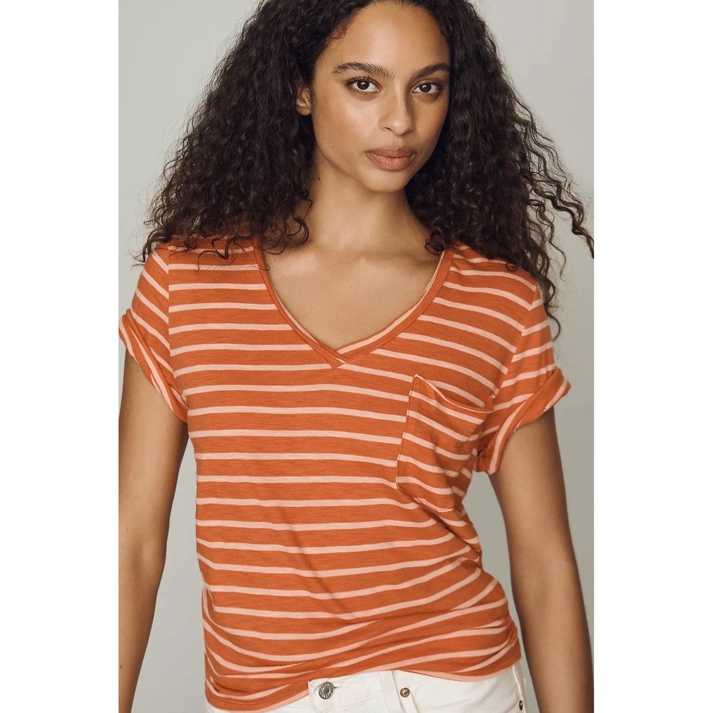 Pilcro Quinn Drapey V-Neck Tee ORANGE Stripe MSRP $58 NWT SIZE M